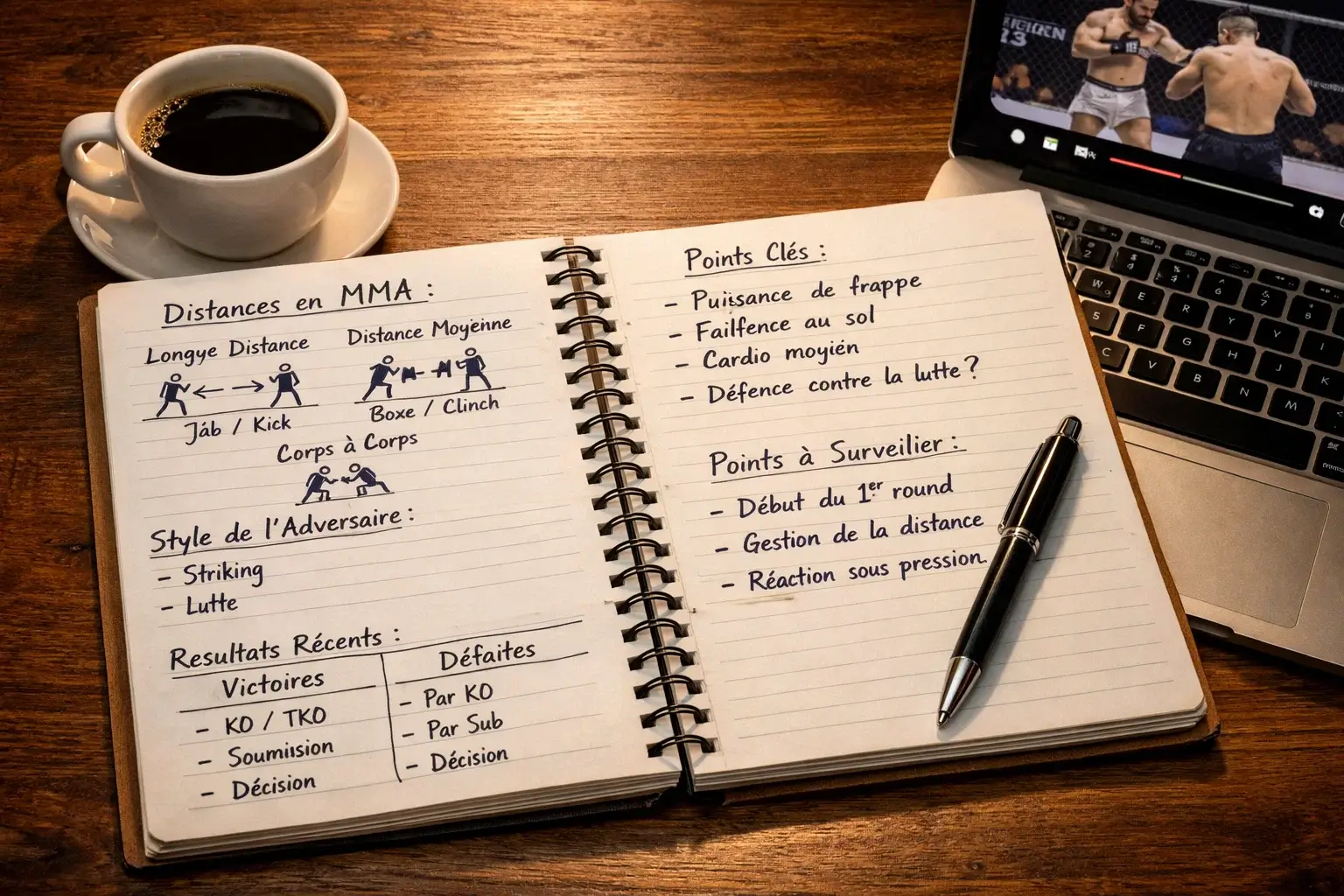 Carnet de notes avec analyse de combat écrite à la main et statistiques de combattants