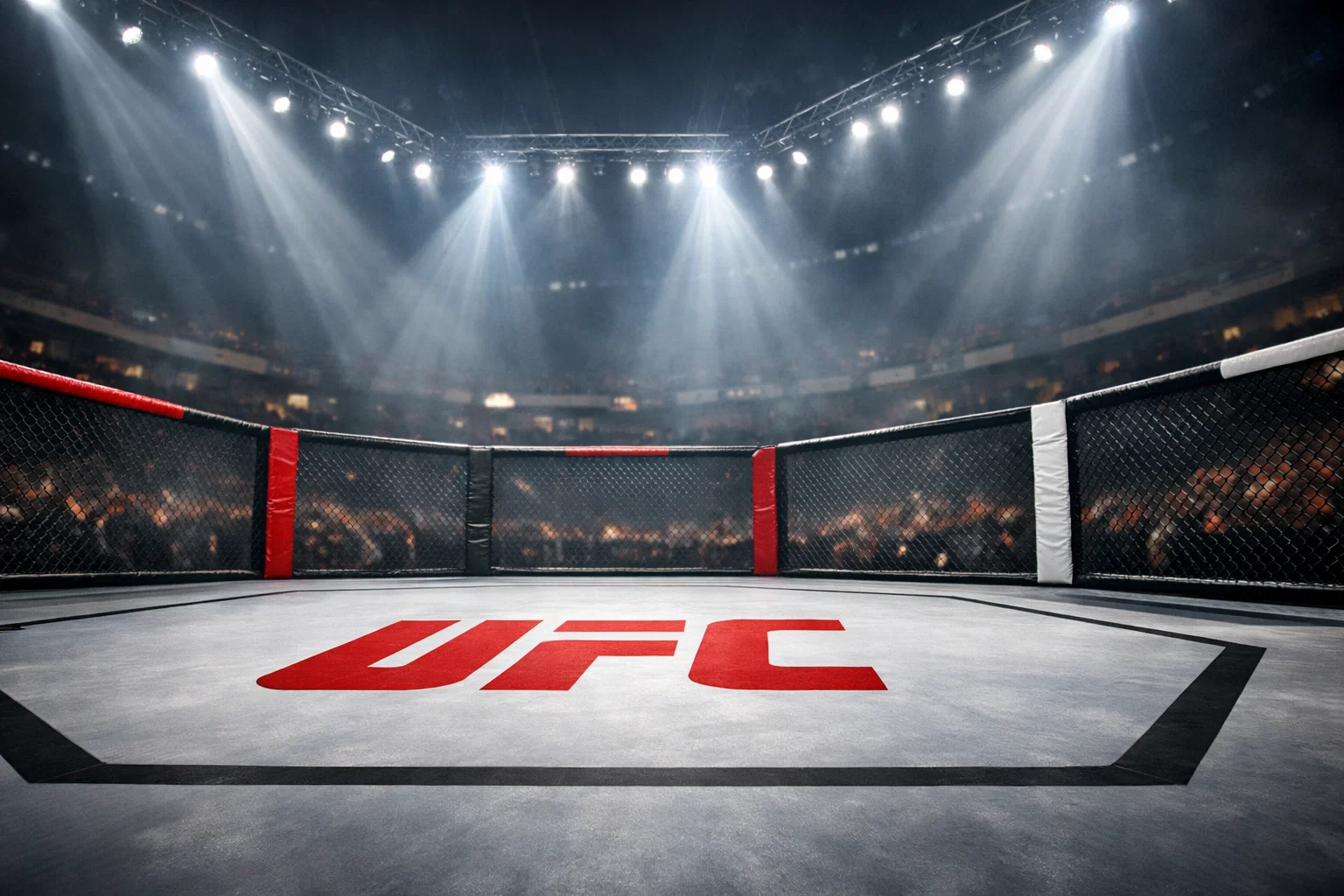 UFC octagon under bright arena lights with empty cage ready for competition