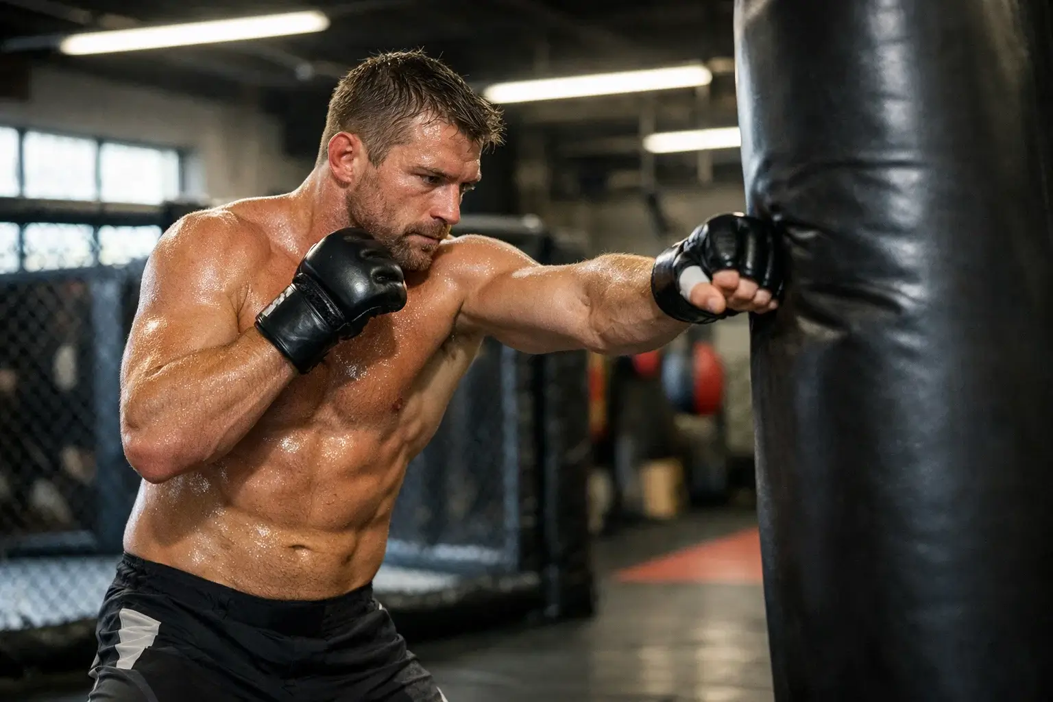 Combattant de MMA s'entraînant avec des gants de boxe dans un gymnase professionnel