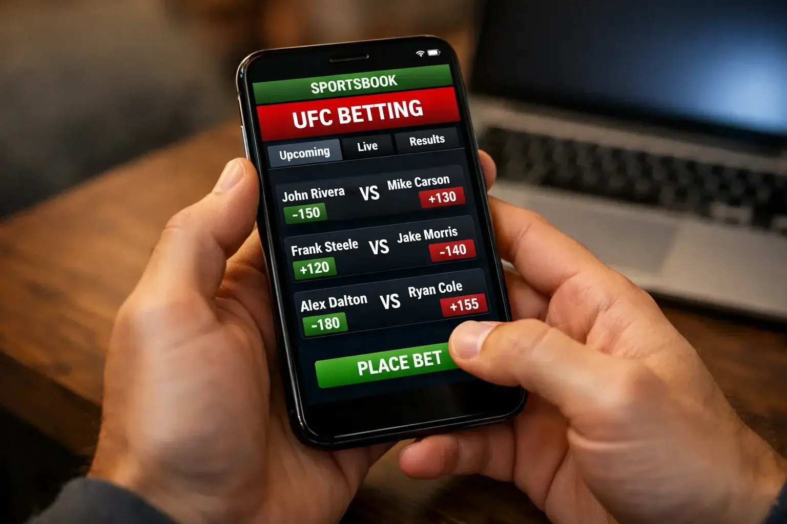 Personne utilisant une application de paris sportifs sur smartphone affichant les cotes d'un combat UFC