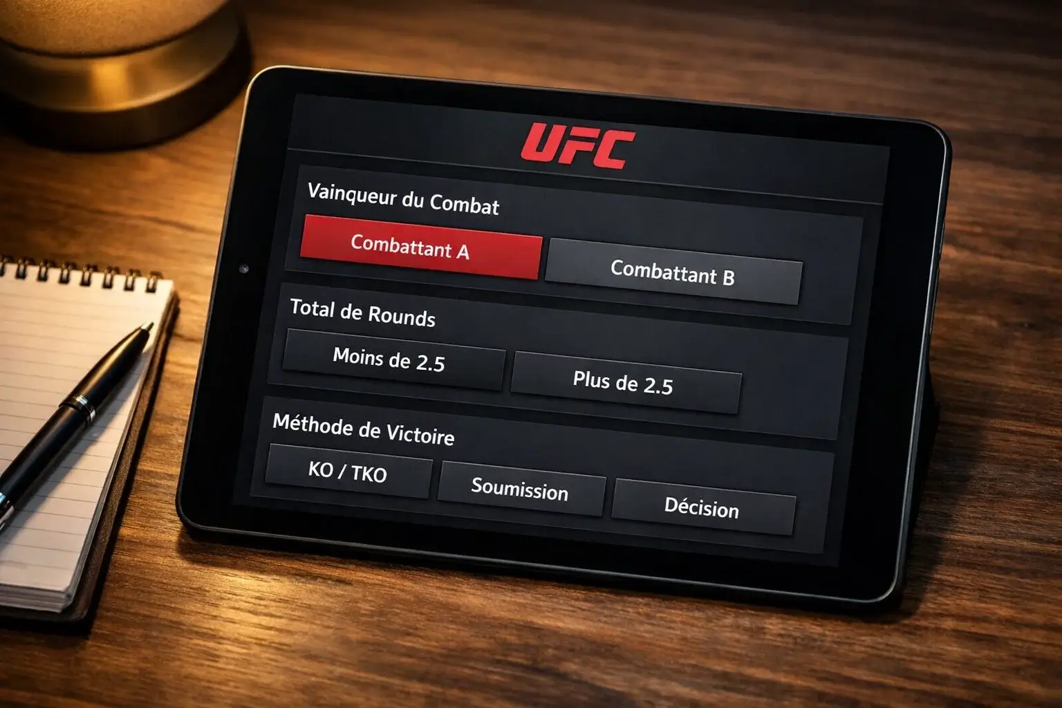 Interface numérique de bulletin de pari montrant diverses options de paris UFC et les cotes