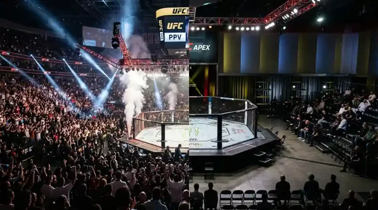 Deux écrans côte à côte montrant des événements UFC différents, un grand PPV et une Fight Night intime