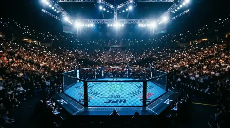Octogone UFC installé dans une grande arène européenne avec des projecteurs et un public enthousiaste